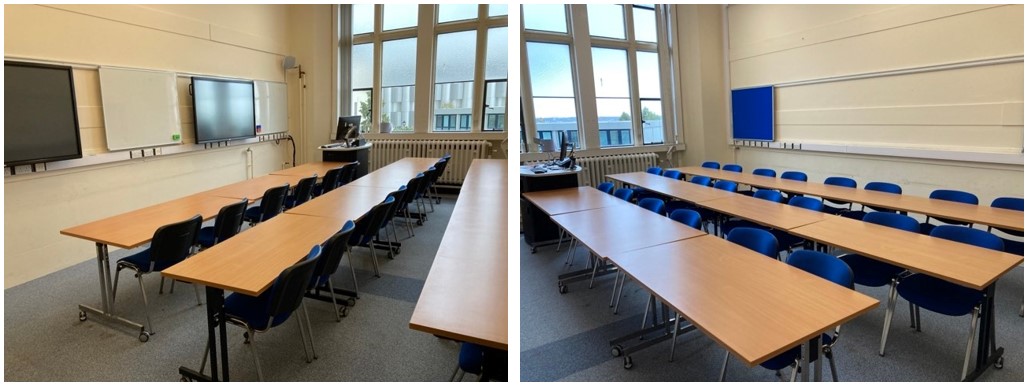 Classroom with rows of tables and chairs.